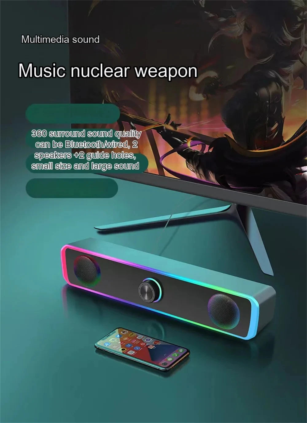 Altavoz Bluetooth 4D Surround Sound Bar Altavoces de computadora con cable Subwoofer estéreo Barra de sonido para computadora portátil PC Cine TV Aux 3.5mm