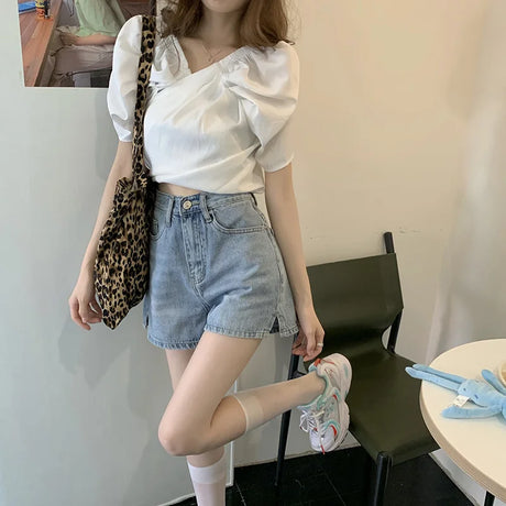 High Waist Wide Leg Short Jeans Women's Spring Thin Loose Versatile Student Hot Pants Slit Design Summer Casual Cotton Shorts - Lootquake