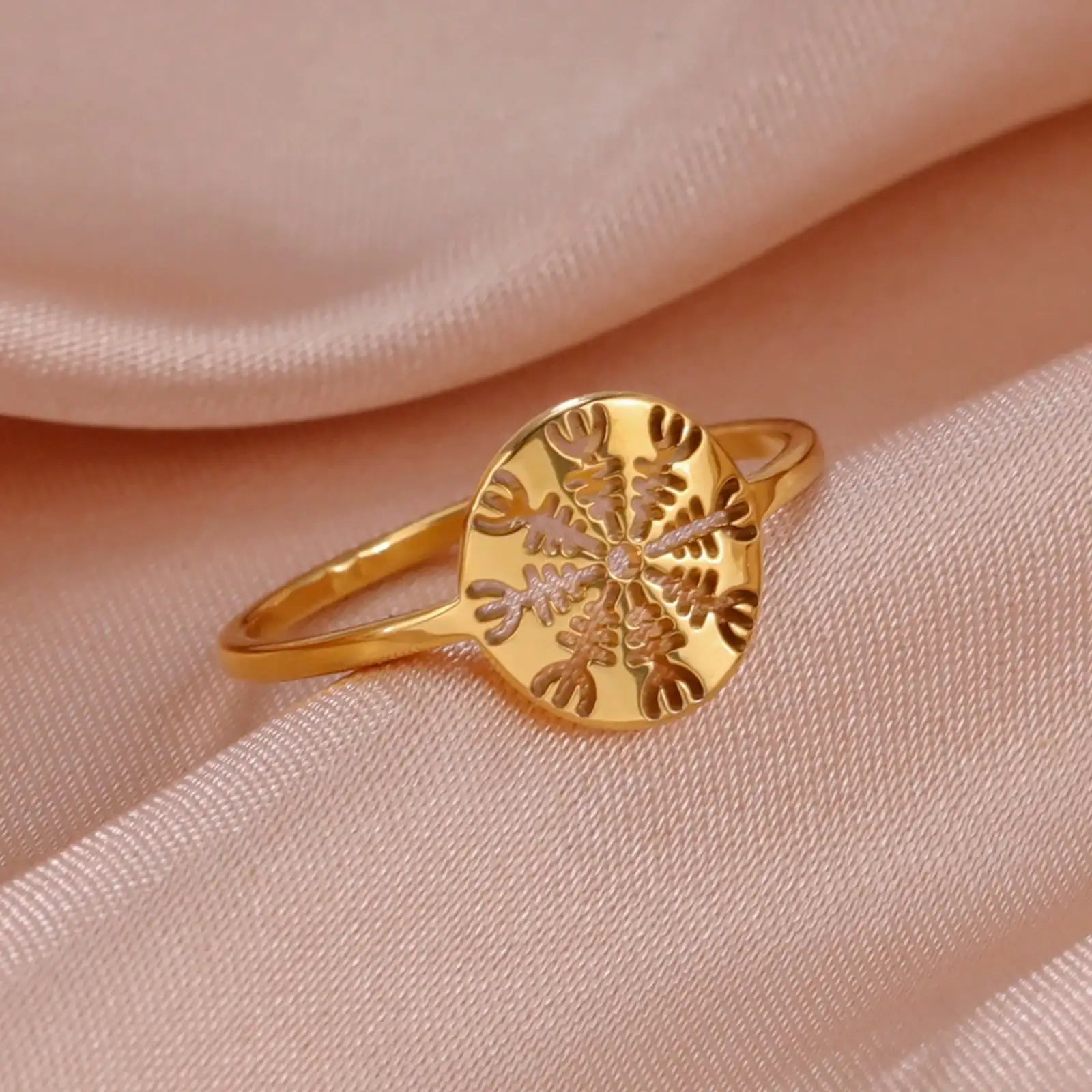 Skyrim Viking Compass Helm of Awe Ring Stainless Steel Gold Color Women Rings Aegishjalmur Nordic Amulet Jewelry Gift for Lover - Lootquake