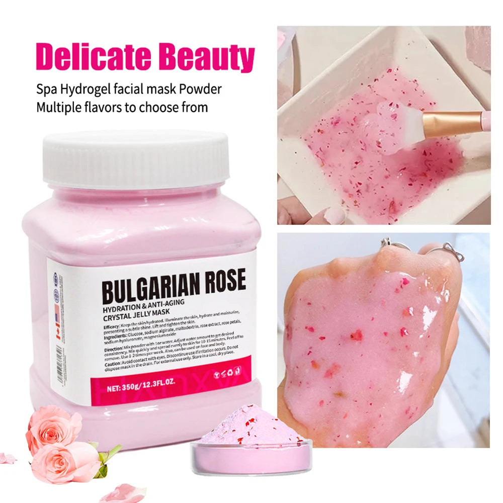 Mascarilla facial de gelatina en polvo de 350 g con cristales de rosa y lavanda, mascarilla facial de colágeno, mascarilla hidratante en polvo para el cuidado de la piel.