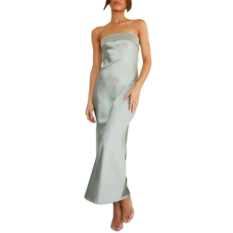 Women Summer Solid Color Party Strapless Dress Sleeveless Backless Elastic Strap Silk Surface Elegant Long Dress - Lootquake
