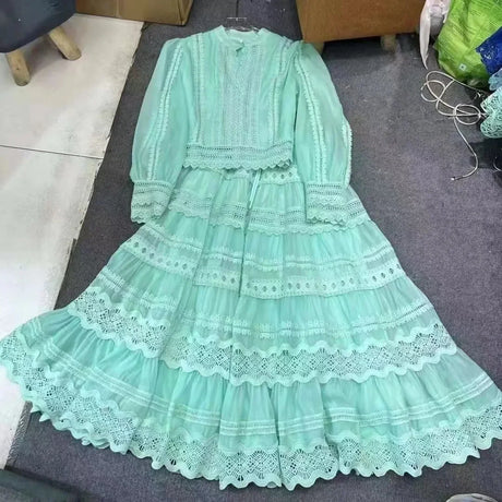 Elegant Fashionable Heavy Duty Spliced Lace Long Dress Set 2024 New Style Cross-Border Trade Europe And America Style - Lootquake