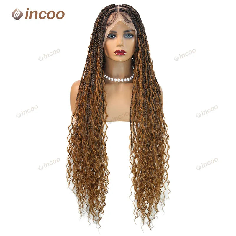 36" Boho Curly Box Braided Lace Wig | Knotless Cornrows | Synthetic Braids for Black Women