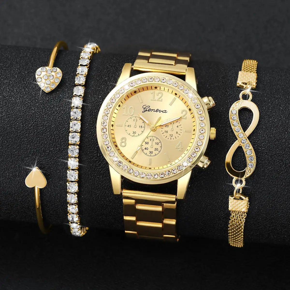 4PCS Fashion Women Watch Luxury Rhinestone Steel Band Ladies Quartz Watch Bracelet Set Relogio Feminino（Without Box） - Lootquake