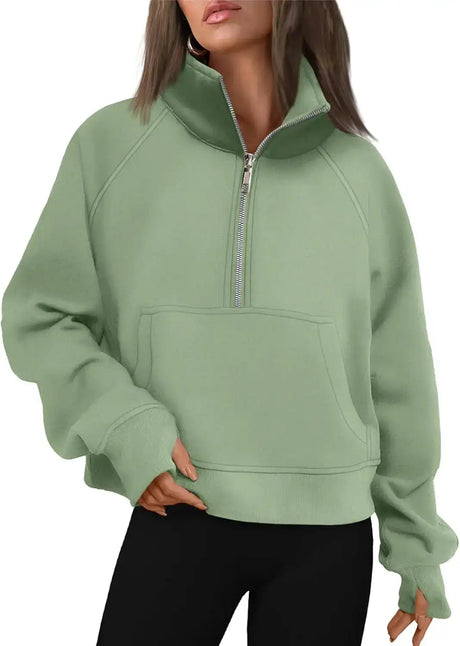Womens Sweatshirts Half Zip Cropped Pullover Fleece Quarter Zipper Hoodies Fall outfits Clothes Thumb Hole - Lootquake