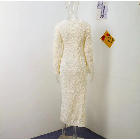 Sequined Party Dresses For Women Removable Sleeve O-neck Slim Long Dress Female 2025 Elegant White Lady Sexy Evening Vestidos - Lootquake