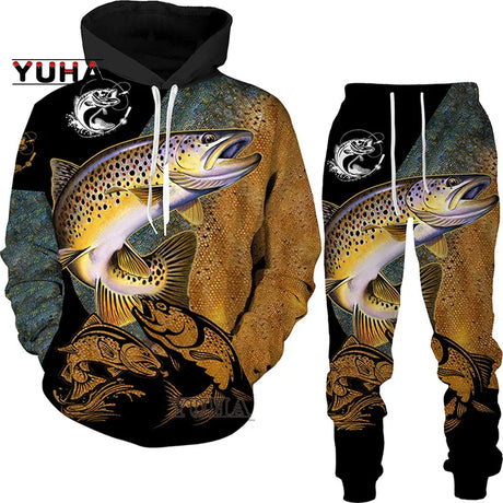 New 3D Fishing Art Print Casual Couple Hoodies Outfits Hip Hop Streetwear Hooded Sweatshirt+Sweat Pants Men's Tracksuit Set - Lootquake