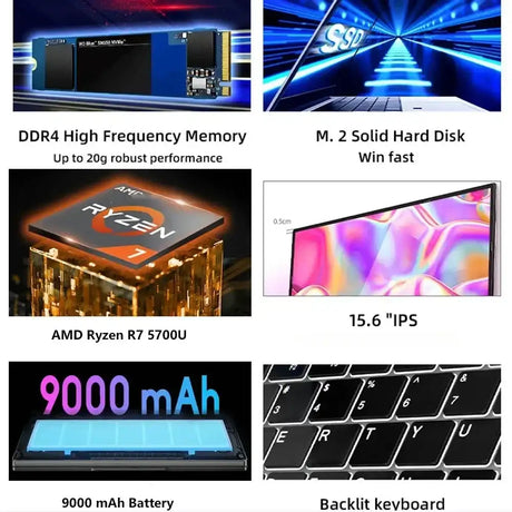 2024 AMD Laptops Gaming Office Business Notebooks Win11 15.6 inch IPS Ryzen7 5700U 8 Cores 32GB DDR4 2TB PCIE 9000mAh - Lootquake