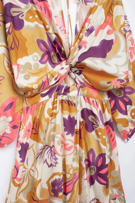 TRAFZA Vintage Flower Print Long Dress Women V Neck Short Sleeve Hollow Out Sexy Beach Dress Fashion 2024 Summer Holiday Dress - Lootquake