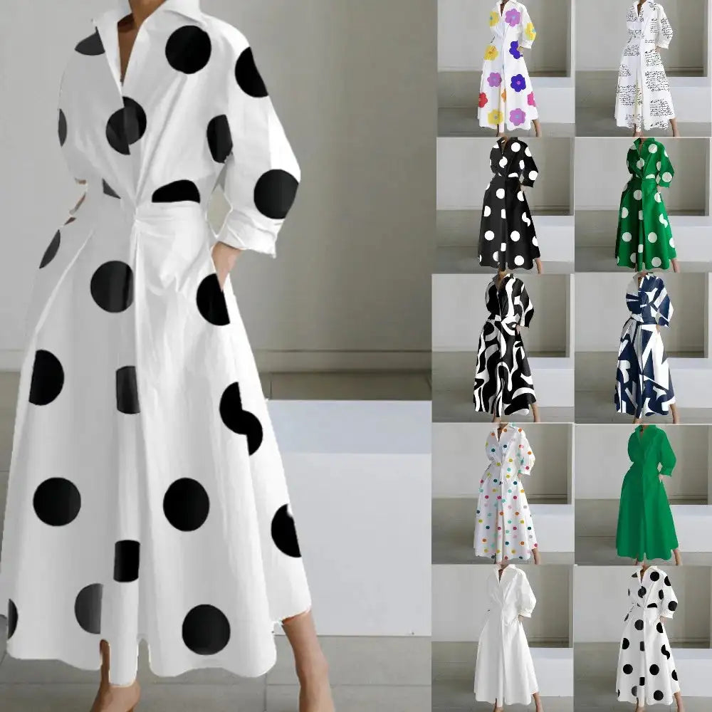 Autumn Dress Long Sleeve Dot Print Elegant Maxi Dresses For Women 2023 White Casual V Neck Shirt Party Long Dress Robe Femme - Lootquake