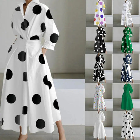 Autumn Dress Long Sleeve Dot Print Elegant Maxi Dresses For Women 2023 White Casual V Neck Shirt Party Long Dress Robe Femme - Lootquake
