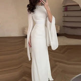 Fashion Satin Solid Robe Dress Ladies Temperament O-neck Slim Evening Dress Elegant Batwing Sleeves High Waist Pleats Long Dress - Lootquake