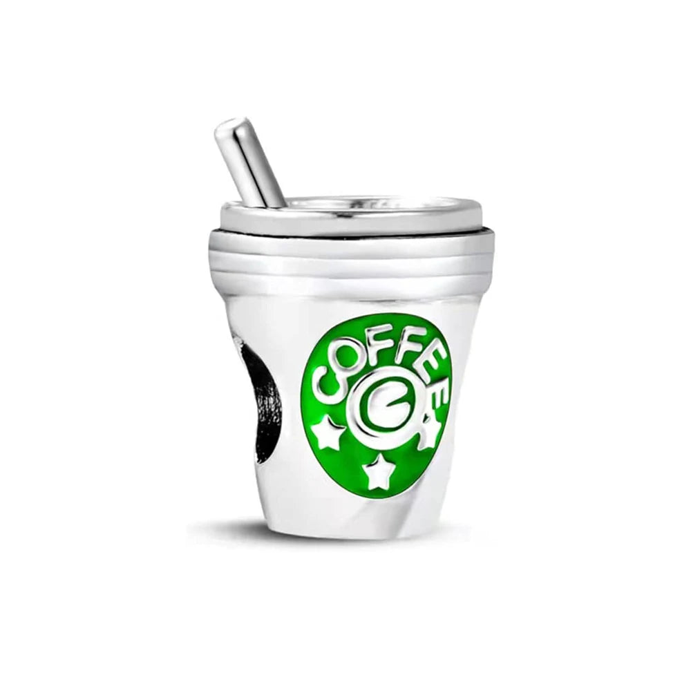 Dije de plata de ley 925 con forma de café, vino tinto, cafetera, copa de champán, compatible con pulseras colgantes originales, joyería DIY para mujer.