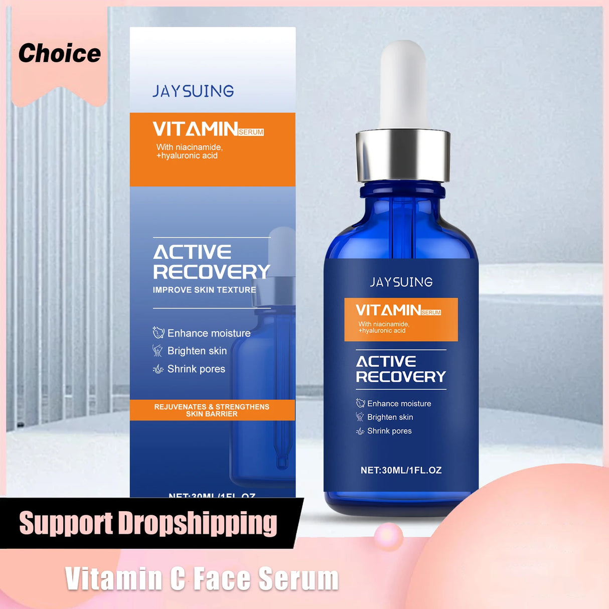 Suero facial con vitamina C y ácido hialurónico, nicotinamida, aclara manchas oscuras, opacidad, hidrata, reduce poros, antienvejecimiento y cuidado de la piel.