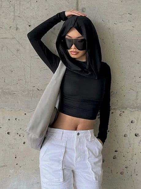 Women's Hooded Crop Tops Autumn Solid Color Long Sleeve Cowl Neck Slim Fit Short T-Shirt Streetwear Sporty Basics Tees - Lootquake