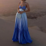 2024 New Spaghetti Strap Gradient Print Long Dress Lady Sexy V-neck Hollow Backless Evening Dress Elegant Sleeveless Slim Dress - Lootquake
