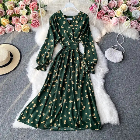 YuooMuoo Korean Fashion Cherry Print Women Dress 2025 New Spring Vintage Bandage Slim Waist Long Dress Elegant Party Vestidos - Lootquake