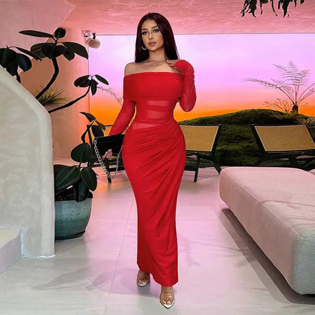 BOOFEENAA See Through Mesh Patchwork Black Long Dress Fall 2024 Sexy Elegant Off Shoulder Long Sleeve Cutout Dresses C66-EZ33 - Lootquake