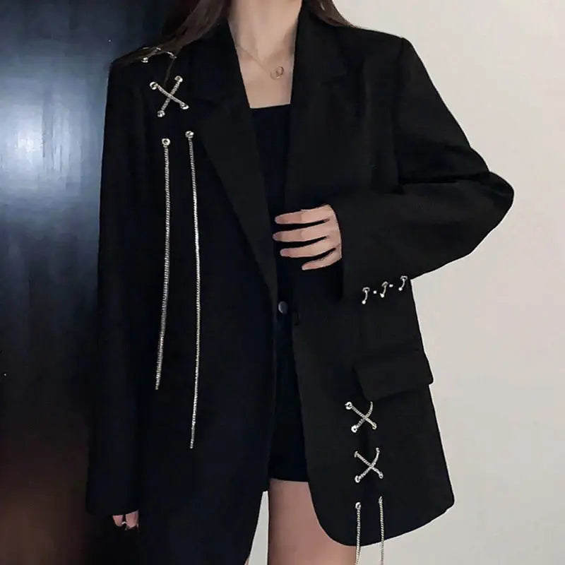 KOSAHIKI Harajuku Women Jackets Black Gothic Punk Hip Hop Solid Vintage Blazer Coats  Chic Chain Loose Jacket Streetwear - Lootquake