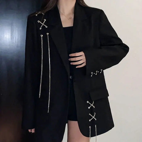 KOSAHIKI Harajuku Women Jackets Black Gothic Punk Hip Hop Solid Vintage Blazer Coats  Chic Chain Loose Jacket Streetwear - Lootquake