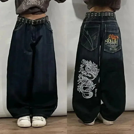 2024 New American Trend Retro Hip-hop Embroidery Pattern Baggy Jeans For Men And Women Y2K Harajuku Gothic Wide Pants Streetwear - Lootquake