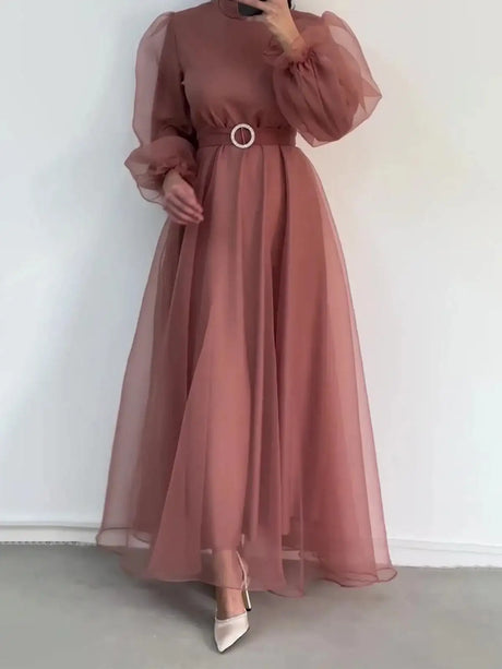 Spring Elegant Mesh Dress Muslim Women Fashion Solid High Waist Mesh Lantern Sleeves Long Dress Women - Lootquake