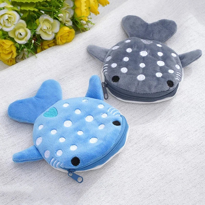 Fashion Cute Blue Shark Mini Whales Coin Purse Plush Zipper Coin Wallet Designer Women's Small Change Bag Key Earphone Pouch - Lootquake