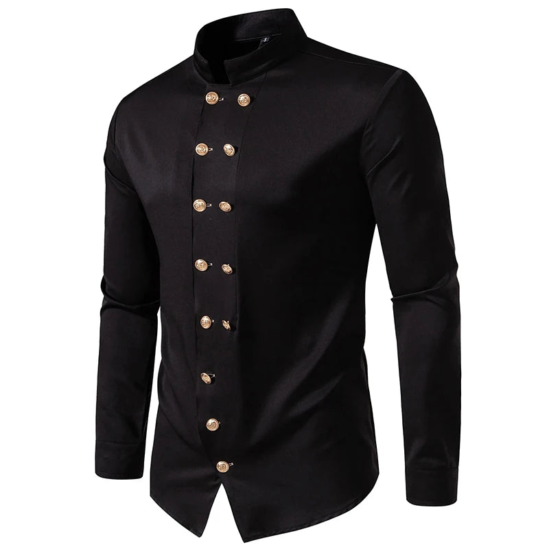 New Long Sleeve Formal Mens Shirt Double Breast Slim Fit Solid Color Mens Wedding Prom Social Tuxedo Dress - Lootquake