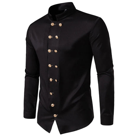 New Long Sleeve Formal Mens Shirt Double Breast Slim Fit Solid Color Mens Wedding Prom Social Tuxedo Dress - Lootquake