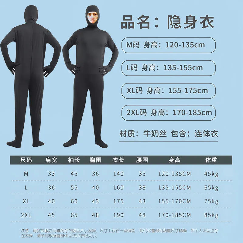 Halloween Costume for Adults & Kids Solid Black JumpSuit Invisible Man & Cat Character Men's Tight Invisibility Clothes