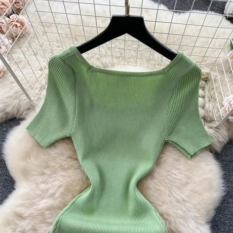 Green 2024 Sexy Summer Knit Short Sleeve Dress Women Squar Collar Waist Bodycon Sundress Female Beach  Backless Long Dress - Lootquake
