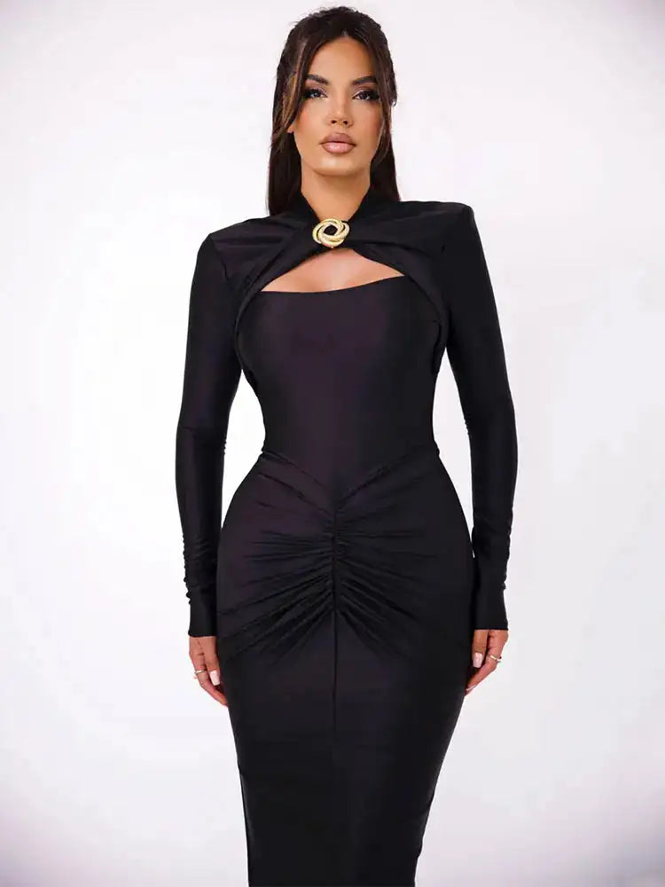 GACVGA Sexy Hollow Out Ruched Maxi Dress For Women 2024 Autumn Winter Long Sleeve Slit Slim Elegant Party Evening Long Dress