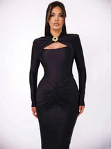 GACVGA Sexy Hollow Out Ruched Maxi Dress For Women 2024 Autumn Winter Long Sleeve Slit Slim Elegant Party Evening Long Dress