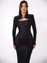 GACVGA Sexy Hollow Out Ruched Maxi Dress For Women 2024 Autumn Winter Long Sleeve Slit Slim Elegant Party Evening Long Dress