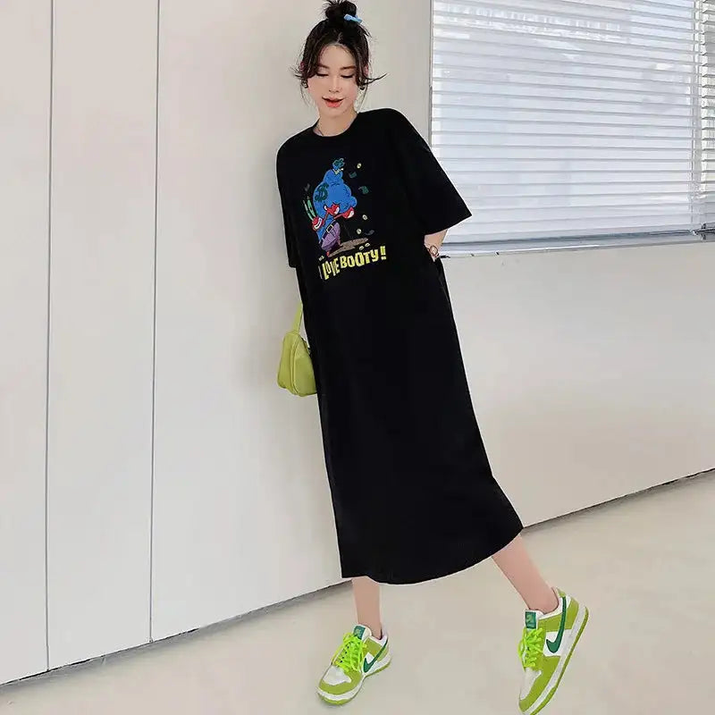 Vestido largo blanco con estampado Harajuku para mujer, ropa Y2K, informal, de manga corta y cuello redondo, moda coreana, vestidos sueltos de verano para mujer 2024