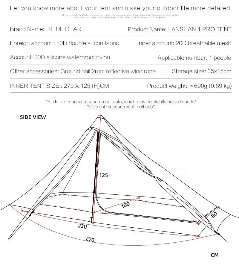[HODR] 3F UL GEAR Lanshan 1 pro Tipi Tent Rodless Solo Ultralight 690g 20D Nylon Fabric Camping Season Tent Trekking Tents - Lootquake