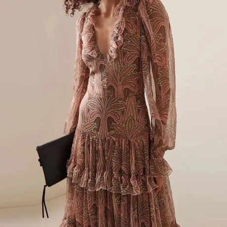 2024 Autumn Casual Bohemia Dresses Elegant V-neck Ruffled High Waist Evening Dress Women Fashion Printed Mesh Pleated Long Dress - Lootquake