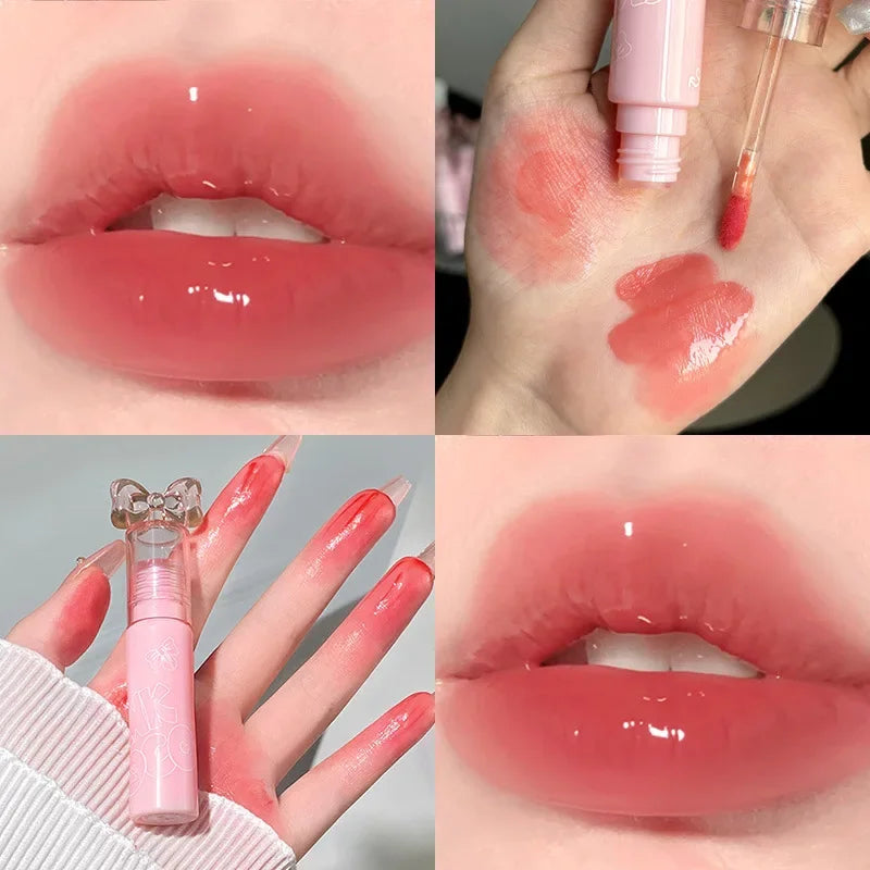 Cute Bow Water Mirror Lip Glaze Peach Pink Lipstick Liquid Moisturizing Non-stick Lip Gloss Makeup Sexy Red Lip Tint Cosmetics