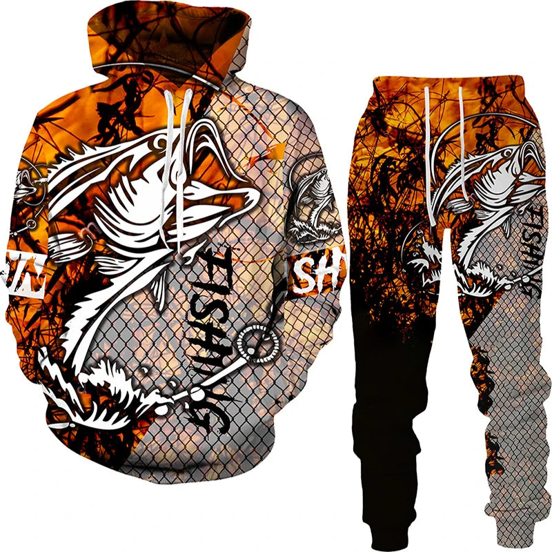New 3D Fishing Art Print Casual Couple Hoodies Outfits Hip Hop Streetwear Hooded Sweatshirt+Sweat Pants Men's Tracksuit Set - Lootquake