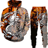 New 3D Fishing Art Print Casual Couple Hoodies Outfits Hip Hop Streetwear Hooded Sweatshirt+Sweat Pants Men's Tracksuit Set - Lootquake