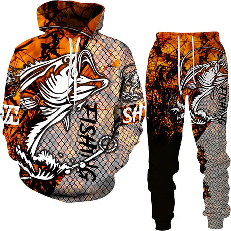 New 3D Fishing Art Print Casual Couple Hoodies Outfits Hip Hop Streetwear Hooded Sweatshirt+Sweat Pants Men's Tracksuit Set - Lootquake