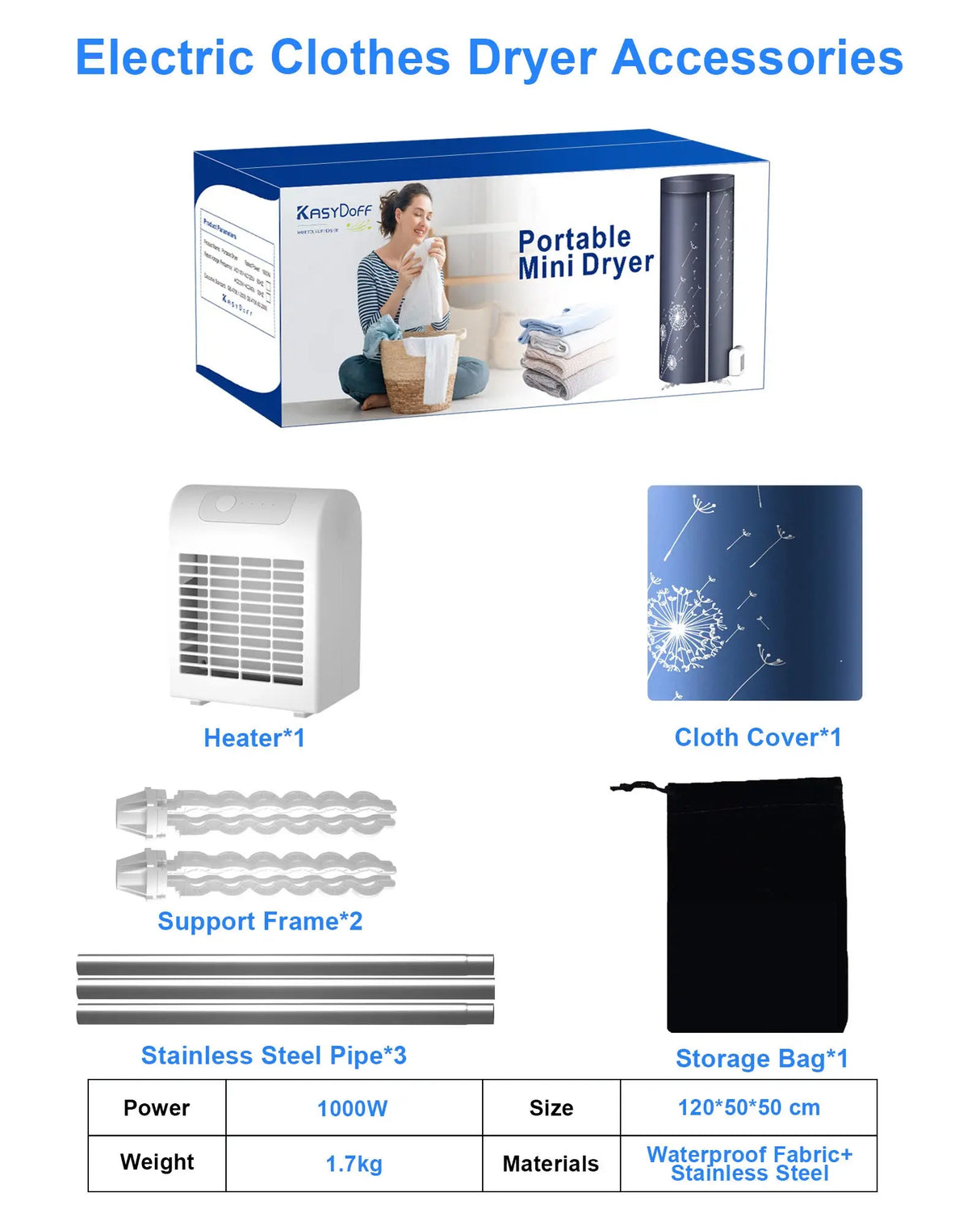 Secadora de ropa eléctrica portátil, tendedero calefactable de 1000 W, secadora de ropa de viaje con temporizador, secadora de ropa eléctrica