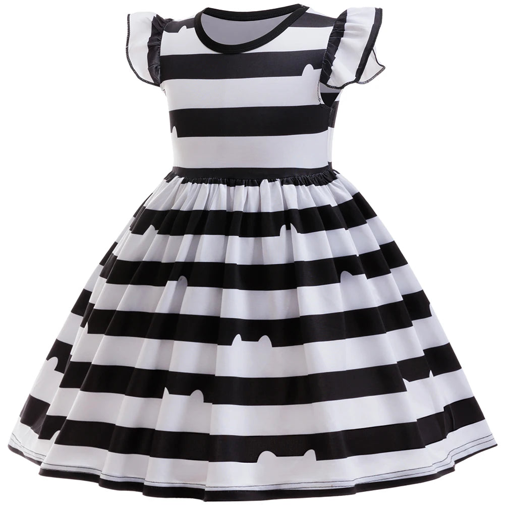 Girl Halloween Costume Set Black White Striped Dress With Cat Ears Headband Glasses Purse Accessories Birthday Party Outfit