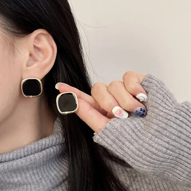 Classic Simple Geometry Square Black Enamel Stud Earrings for Women Charm Party Jewelry Stainless Steel Designer Ear Accessories - Lootquake