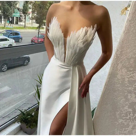 White Angel Feather Dress Luxury Design Women's Off Shoulder Elegant Long Dress Halloween Christmas Party Evening Wedding Dress - Lootquake