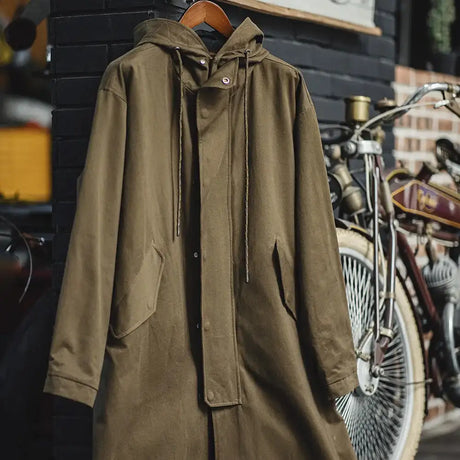Maden Retro M51 Hooded Windbreaker Loose Fit Cotton Zipper Mid-length Jacket Versatile Solid Color Outerwear for Men's Autumn - Lootquake