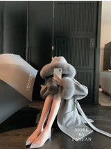 Woolen Windbreaker Jacket Women's Overcoat Fashion Loose Belt Wool Collar Hooded Wool Coat Outwear New Autumn Winter Wool Coats - Lootquake