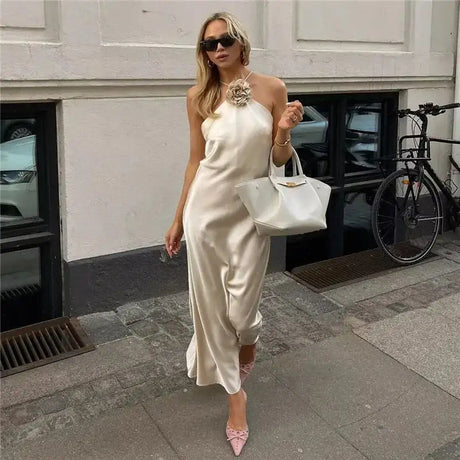 TRAF Flower Satin Long Dress Women Off Shoulder Halter Backless Dress Woman Summer Elegant Party Dresses Sexy Evening Dresses - Lootquake