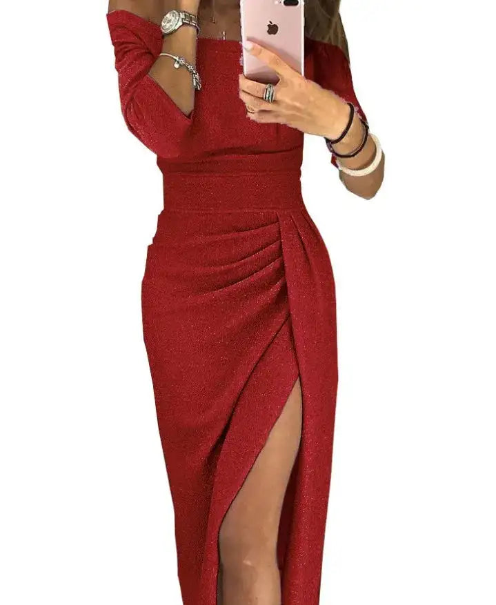 Slit Slash-neck Dress Women Sparkling Slim Long Dress Summer Korean Fashion Dinner Dress Bodycon Solid  Women Dresses Vestidos - Lootquake