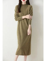 Autumn Winter Women's Wool Long Dress Cashmere Mock Neck Pullover Sweater 100% Merino Wool Soft Knitwear OL Simple Basic Dress - Lootquake